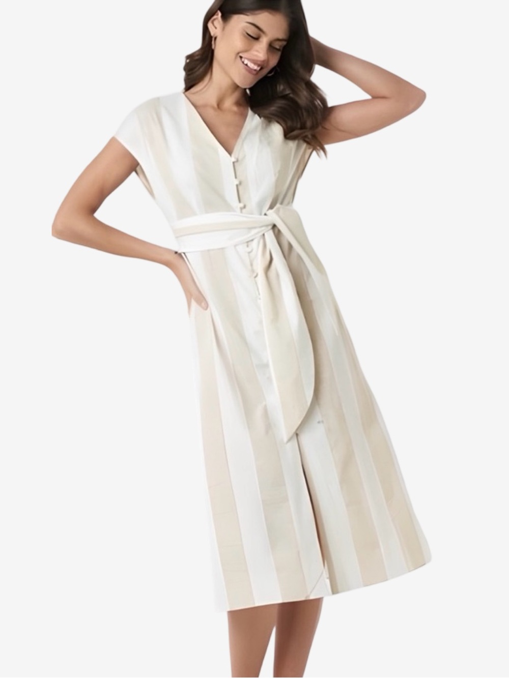 Mango Linen Striped Retro Belted Flare Dress Sz 2